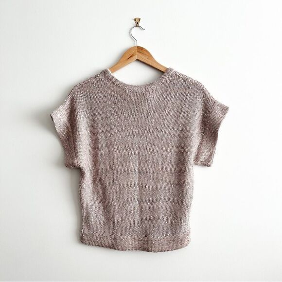 WD.NY Sweater Light Pink Blush Silver Sequin Open Knit Short Sleeve Women's M - Picture 2 of 7